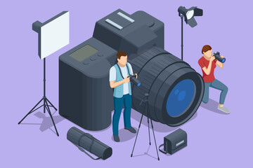 Isometric Modern photo studio with professional equipment. digital photo camera in photo studio with lighting equipment and softbox