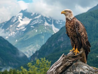 Fototapeta premium Perched majestically atop rugged mountain peak, an imposing golden eagle surveys domain with keen eyes, its powerful presence commanding respect as predator of the sky