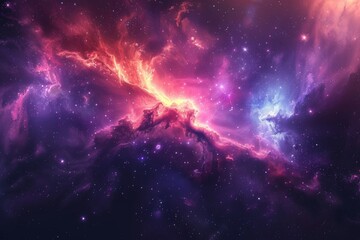 A breathtaking cosmic nebula painting, showcasing a mesmerizing interplay of pink and blue colors among the stars. - obrazy, fototapety, plakaty