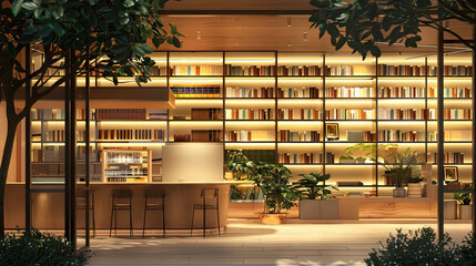 Contemporary Bookstore Set with Shelves of Books, Reading Nooks, and Coffee Bar. Concept of Literary Culture and Community - obrazy, fototapety, plakaty
