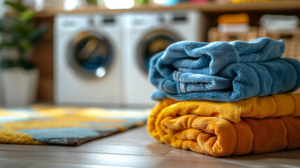 Laundry Day: Stack of Clothes Before the Washing Machine - obrazy, fototapety, plakaty