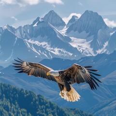 Fototapeta premium Perched majestically atop rugged mountain peak, an imposing golden eagle surveys domain with keen eyes, its powerful presence commanding respect as predator of the sky