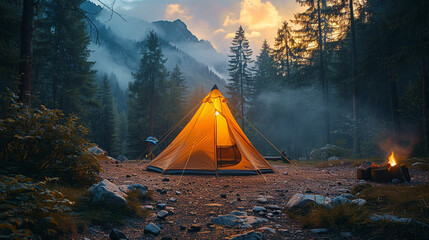 Embracing Adventure: Camping Tent Atop Scenic Heights - obrazy, fototapety, plakaty