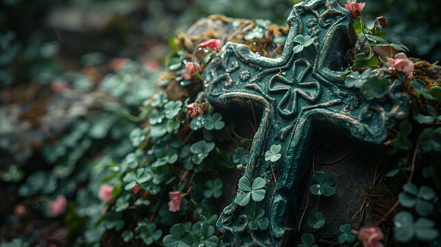 St. Patrick's Day Symbolism: Celtic Cross with Shamrocks