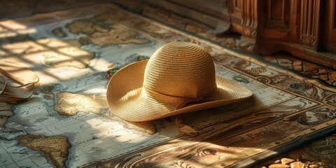 Straw Hat on Map. Travel Concept. Fashion Accessory for Sun Protection, Vacation Style. Brown Cap on Vintage Background, Traditional Rural Tourism - obrazy, fototapety, plakaty