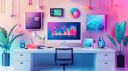 Digital Marketing Office Set with Creative Workstations, Marketing Campaigns Display, and Social Media Analytics. Concept of Digital Marketing Strategies and Collaboration