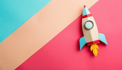 3d rocket launching from cardboard box on pastel color background, startup concept with text space