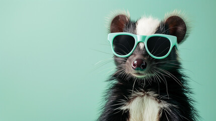 A charismatic skunk dons trendy teal sunglasses, presenting a playful and stylish vibe against a mint green background.