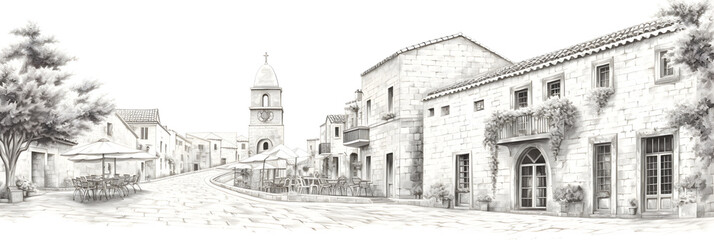 Vivid HB Pencil Sketch Illustrating Old Town Street with Traditional Architecture