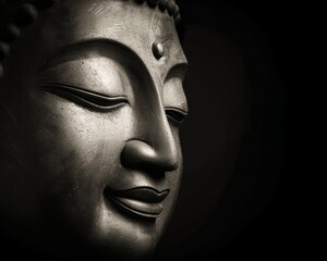 Peaceful Buddha face with a soft smile symbolizing inner calm and spiritual harmony