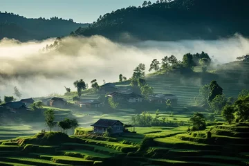 Selbstklebende Fototapeten a village in the middle of a lush green valley © TheThao