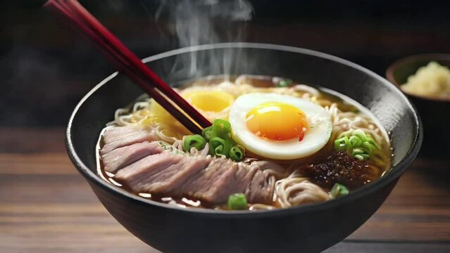 Close-up of a steaming bowl of ramen with noodles, pork, egg, and scallions.