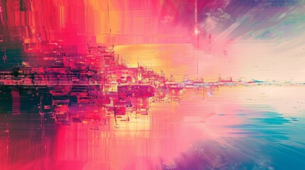 Obraz na płótnie Canvas Digital abstract art depicting a neon pink cityscape, with vertical lines creating a vibrant and futuristic urban impression.