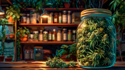 Cannabis buds in a jar - obrazy, fototapety, plakaty