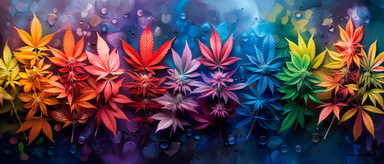 Fototapeta na wymiar Colorful background with cannabis leaves and buds, weed, marijuana, legalize it