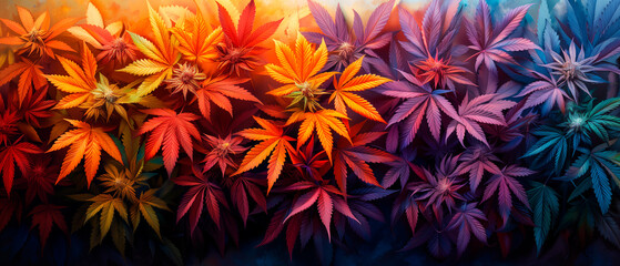 Colorful background with cannabis leaves and buds, weed, marijuana, legalize it