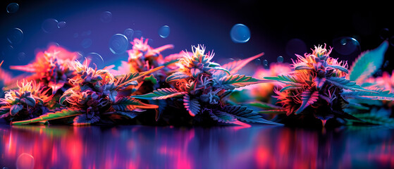Neon vibrant colorful cannabis buds and plants, purple and pink colors - obrazy, fototapety, plakaty