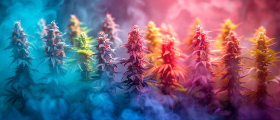 Colorful background with smoke and beautiful cannabis buds - obrazy, fototapety, plakaty
