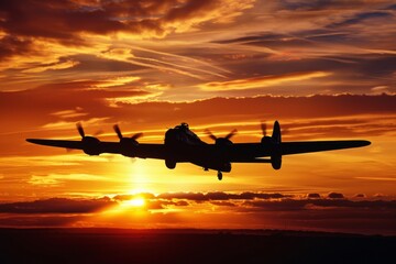 Fototapeta na wymiar The bold silhouette of a bomber aircraft against a stunning sunset backdrop