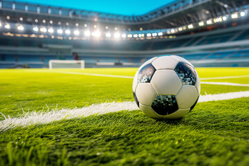 A close-up of a soccer ball against the background of a sports stadium, without people. Copy space.