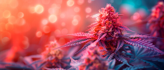 Neon vibrant colorful cannabis buds and plants, purple and pink colors