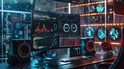 Data Analytics Lab Set with Big Data Visualizations, Data Mining Tools, and Predictive Analytics Software. Concept of Data Science and Business Intelligence