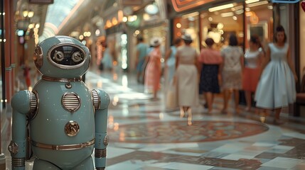 Vintage Robot Amongst Shoppers in a Busy Mall - obrazy, fototapety, plakaty