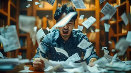 Fotobehang Frantic Office Worker Amidst Chaos of Paperwork © iJstock