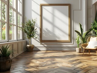 Modern Living Room with Wood Floor and Plant Decor in the Style of Physically Based Rendering