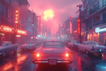 Fototapeta na wymiar Retro City Street with Vintage Cars and Neon Lights