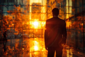 An elegant man stands contemplatively in a cityscape, embraced by the glow of the urban sunset