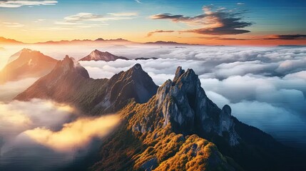 an aerial view of a mountain range at sunset - obrazy, fototapety, plakaty