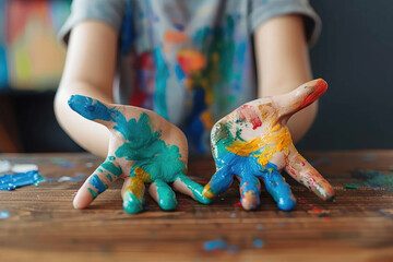 Close up of little child showing paint on his hands after painting, education concept