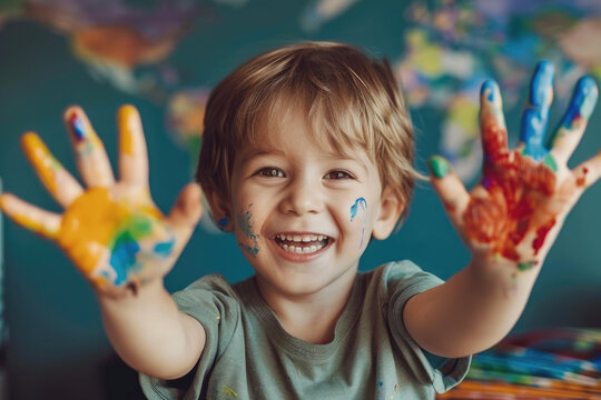 Close up of little child showing paint on his hands after painting, education concept