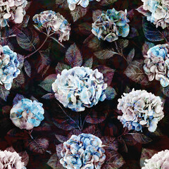 Vintage floral pattern gothic hydrangea flowers watercolor seamless repeating abstract background, hortensia in dark black blue colors