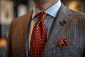 Exquisite detail of a sophisticated gentleman's patterned suit and bold red necktie