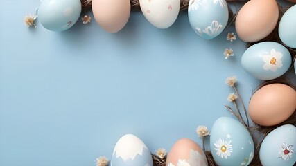 Pastel Easter Eggs ON Blue Backround With Copyspace.Generative AI - obrazy, fototapety, plakaty