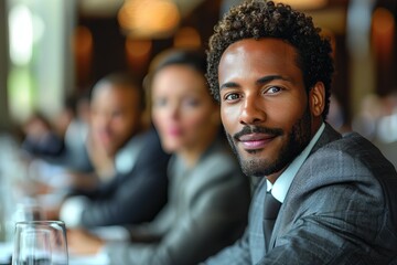 A handsome man with curly hair in business attire sits in a meeting with diverse colleagues, in focus - obrazy, fototapety, plakaty