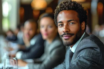 Foto op Plexiglas A handsome man with curly hair in business attire sits in a meeting with diverse colleagues, in focus © svastix