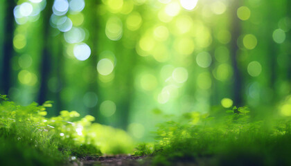 Obraz premium Green forest blur bokeh background. Spring on summer season.