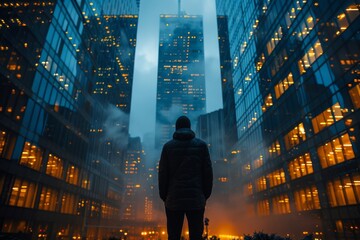 A striking image of a solitary man standing before towering skyscrapers, surrounded by vivid city lights and a foggy ambiance