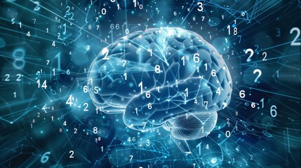 Multiple increasing numbers over spinning human brain against blue background