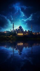 Fototapeta na wymiar a night scene with a mosque and a crescent moon in the sky with stars and clouds in the background with generative ai