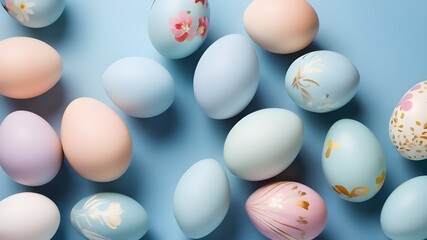 Pastel Painted Easter Eggs On A Blue Backround.Generative AI