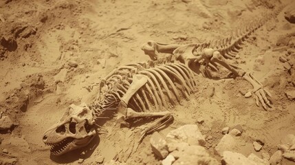 Fototapeta na wymiar bones of a dinosaur skeleton in the ground