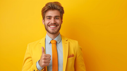 Young handsome business man with thumbs up finger on yellow isolated studio background. Business concept, happy top manager evaluates work his team - obrazy, fototapety, plakaty