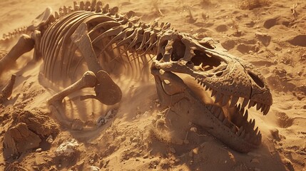 bones of a dinosaur skeleton in the ground - obrazy, fototapety, plakaty