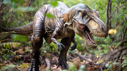 a tyrannosaurus rex roaring in a jurassic forest