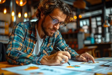 A focused individual sits at a wooden table in a cozy cafe, closely scrutinizing financial documents and charts with a pen in hand