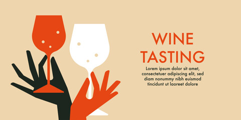 Wine tasting layout template. Two hands holding champagne, sparkling wine glass. Flat vector illustration for event, wine party, presentation, promotion, menu, invitation. National Wine Day design - 746568596